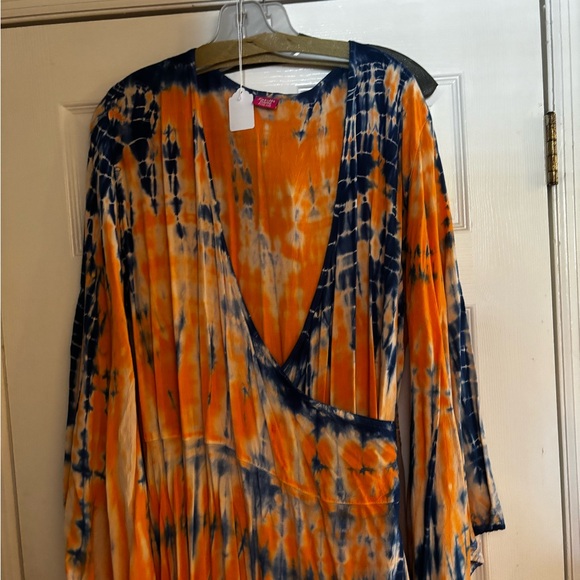 Long Sleeve Blue / Orange Tie Dye Print Bell Sleeve Maxi Dress- Plus Size 1X-2X - Picture 1 of 3